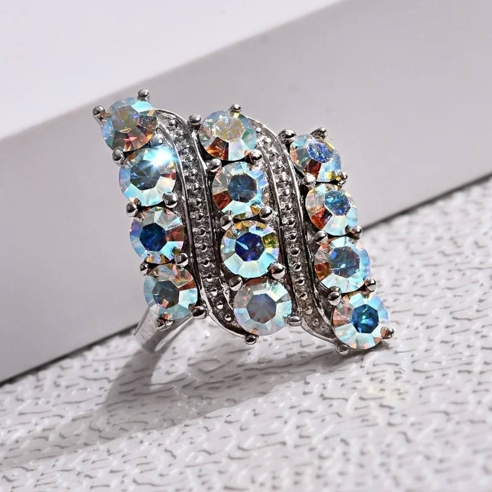 Artisan ✦ Aurora Borealis Swarovski Crystal Ring ✦ 925 Sterling Platinum Over - Picture 6 of 8
